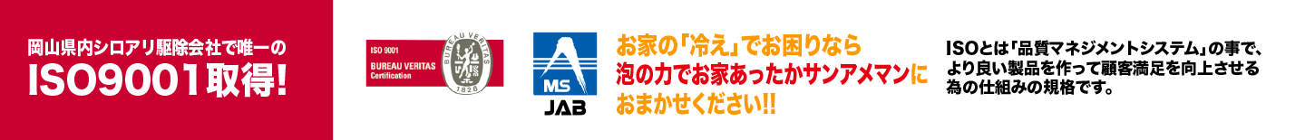 岡山県内シロアリ・ハチ駆除会社で唯一のISO9001取得。ハチ駆除のことならハチ駆除のサンアメマンにおまかせください。